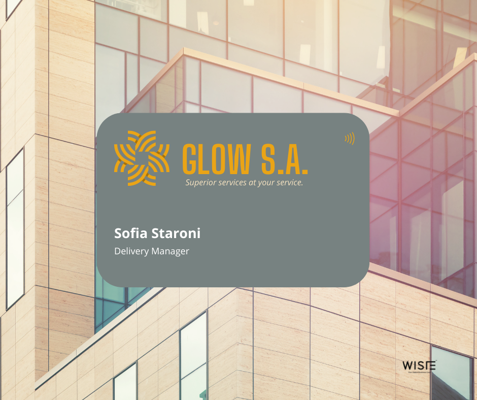 mockup of a digital business card made by wisie company. The background is a modern building.