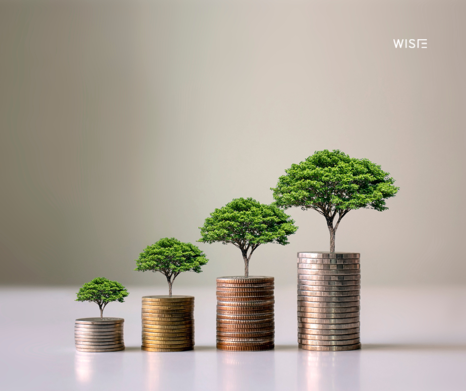 Stucks of coins with small trees growing on top of them. It symbolises growth via investment.